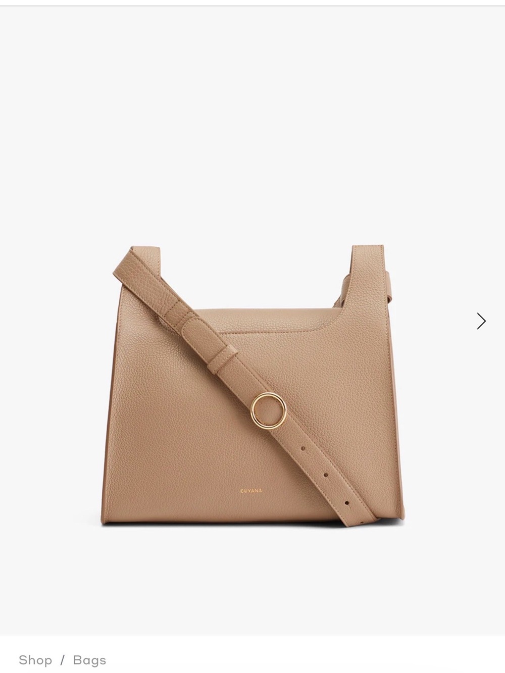 Cuyana Pebbled Tan Leather Crossbody with Gold Ring